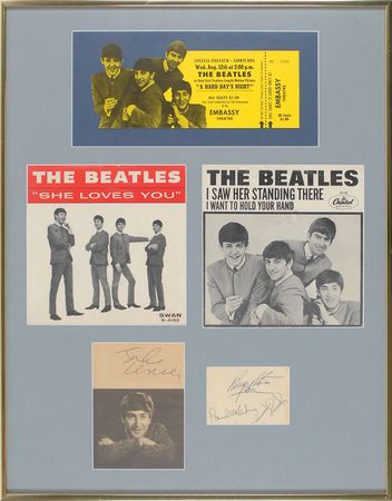 Lot #1051 Beatles: ‘Fab Four’ signatures with a scarce unused Hard Day’s Night Embassy Theatre ticket - Image 1