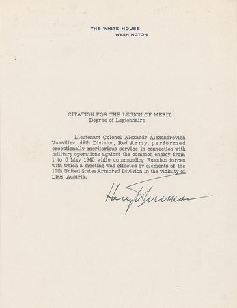 Lot #347 Harry S. Truman: Conferring the Legion of Merit on a Soviet colonel - Image 1