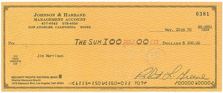 Lot #1070 The Doors: Jim Morrison: Check endorsed by the ?Lizard King? shortly before turning 27 - Image 2