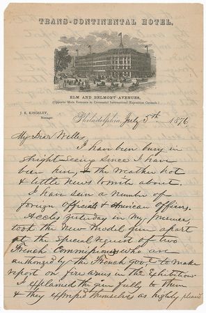 Lot #459 Richard Gatling: The legendary firearms inventor pitches his newly improved gun at the historic Centennial Exposition of 1876: ?I explained the gun fully to them & they expressed themselves as highly pleased with the mechanics? - Image 1