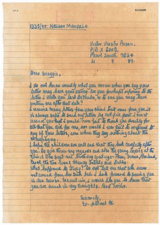 Lot #495 Nelson Mandela: Extremely rare, boldly penned letter from prisoner number “1335/88: Nelson Mandela”—the first we have ever offered - Image 1
