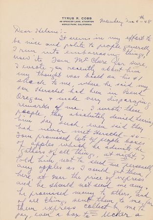 Lot #1530 Ty Cobb: “Tom is strictly an excentric [sic], baseball bug, I was polite to him on that account & let him come to see me at Lake Tahoe” - Image 1