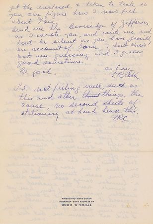 Lot #1530 Ty Cobb: “Tom is strictly an excentric [sic], baseball bug, I was polite to him on that account & let him come to see me at Lake Tahoe” - Image 3
