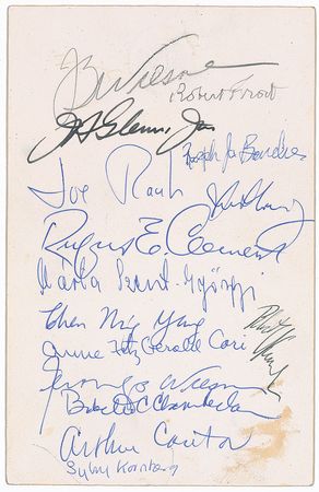 Lot #68 John F. Kennedy and White House Dinner Guests Signed Menu: Fantastic menu signed by President Kennedy and fifteen of his distinguished guests at a 1962 Nobel Prize-honoring dinner - Image 1