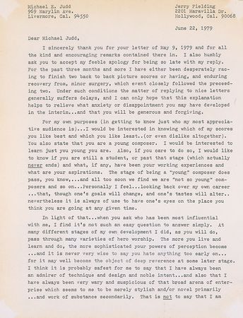Lot #1147 Jerry Fielding: “I am at once an avid admirer and student of Bartok, Ginastera, Takemitsu, Webern, Berg, etc., and also of Stravinsky, Mahler, Strauss, Beethoven, Mozart” - Image 1