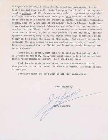 Lot #1147 Jerry Fielding: “I am at once an avid admirer and student of Bartok, Ginastera, Takemitsu, Webern, Berg, etc., and also of Stravinsky, Mahler, Strauss, Beethoven, Mozart” - Image 2
