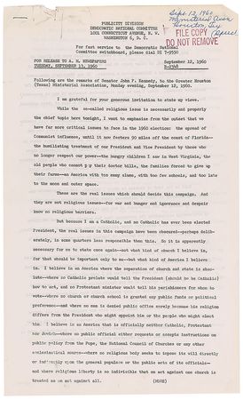 Lot #62 John F. Kennedy 1960 Religious Speech: ?I do not speak for my church on public matters?and the church does not speak for me? - Image 1