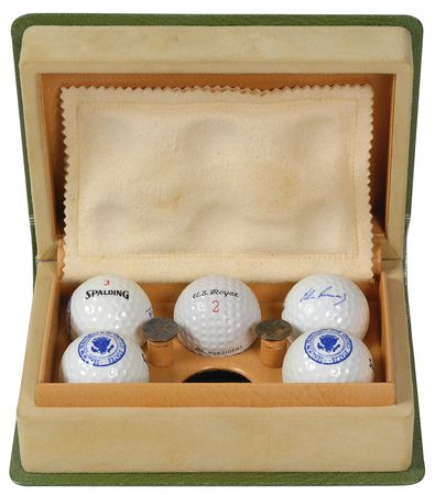Lot #95 John F. Kennedy Golf Ball Set: Beautifully presented presidential golf ballsâ??including one hit by JFK - Image 1