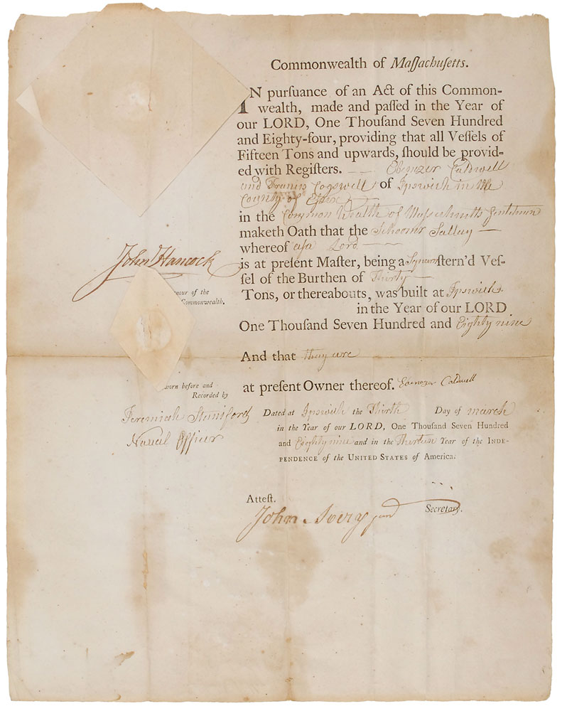 Lot 210 John Hancock: Ship’s register for a schooner co-owned by a former ‘minute-man’