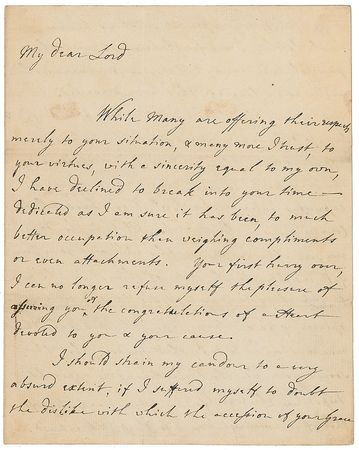 Lot #485 John Burgoyne: Congratulating the controversial new prime minister: “The fact is every thing has been said & done by a Party here to deprecate & misrepresent the Coalition” - Image 1