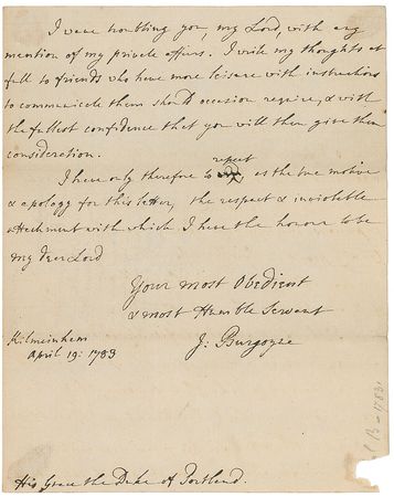 Lot #485 John Burgoyne: Congratulating the controversial new prime minister: “The fact is every thing has been said & done by a Party here to deprecate & misrepresent the Coalition” - Image 3