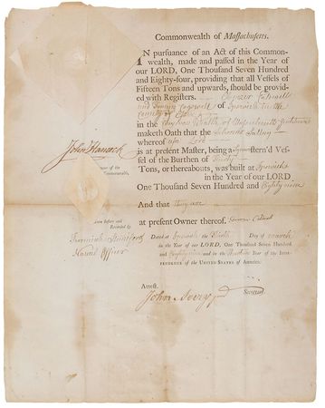 Lot #210 John Hancock: Ship’s register for a schooner co-owned by a former ‘minute-man’ - Image 1