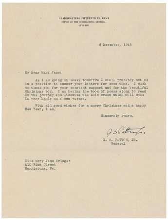 Lot #475 George S. Patton: One of General Patton's four final letters postmarked the day of his tragic accident - Image 2