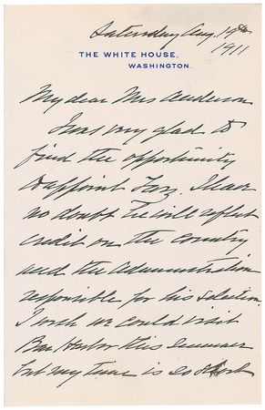 Lot #62 William H. Taft: Writing to the wife of a newly appointed diplomat to Japan: “I have no doubt he will reflect credit on the country and the administration responsible for his selection” - Image 1