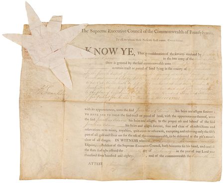 Lot #205 Benjamin Franklin: Historic Revolutionary War bounty land grant signed by Pennsylvania President Ben Franklin - Image 1