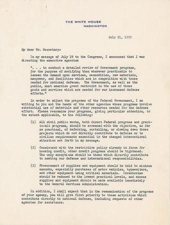 Lot #94 Harry S. Truman: Curtailing government spending after the outbreak of the Korean War - Image 1