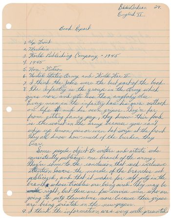 Lot #907 Eddie Cochran: Cochran?s book report on a Pulitzer Prize winner - Image 1