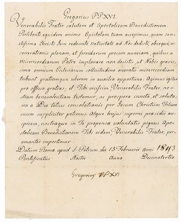 Lot #251 Pope Gregory XVI: The powerful pontiff bestows an apostolic blessing upon the Bishop of Segni - Image 1