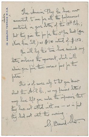 Lot #711 George Bernard Shaw: Disputed royalties for You Never Can Tell - Image 1