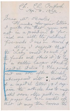 Lot #665 Charles L. Dodgson: “Surely the ‘Lady’ risks her credit, in publishing verses containing bad English, & mere nonsense, & praising it as ‘very beautiful’ poetry?” - Image 1