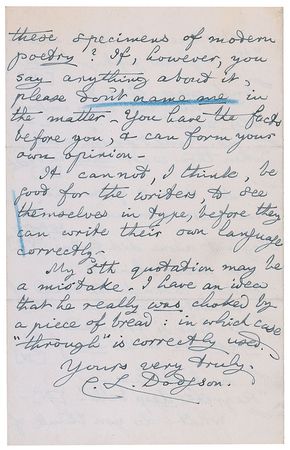 Lot #665 Charles L. Dodgson: “Surely the ‘Lady’ risks her credit, in publishing verses containing bad English, & mere nonsense, & praising it as ‘very beautiful’ poetry?” - Image 4
