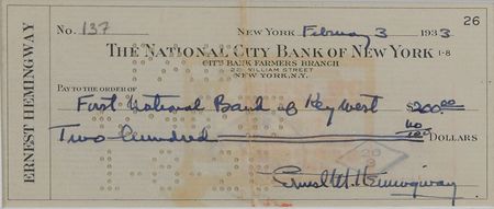 Lot #675 Ernest Hemingway: Hemingway check from the year of his first African safari, inspiration for The Snows of Kilimanjaro - Image 1