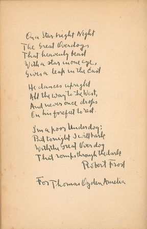 Lot #673 Robert Frost: Rare full poem in Frost’s hand: “Tonight I will bark / with the great Overdog / That romps through the dark” - Image 1