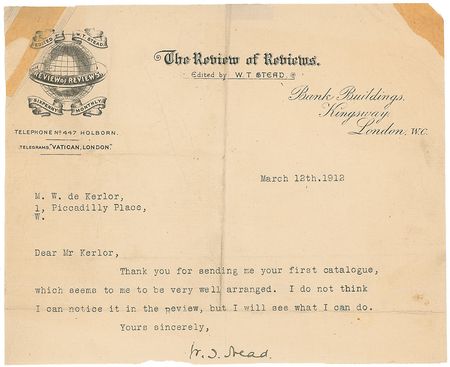 Lot #320 Titanic: William T. Stead Typed Letters Signed - Image 1