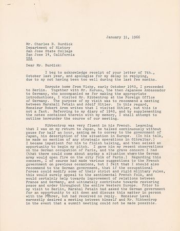 Lot #539 Renzo Sawada: “I visited Mr. Ribbentrop…to recommend a meeting between Marshall Petain and Adolf Hitler” - Image 1