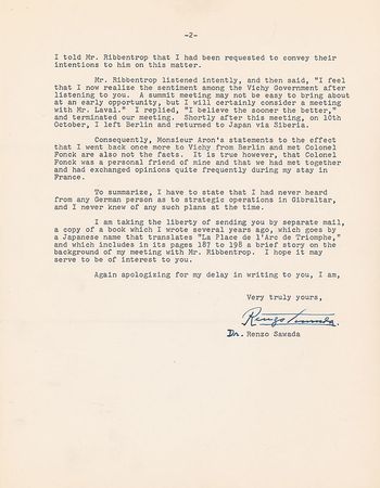 Lot #539 Renzo Sawada: “I visited Mr. Ribbentrop…to recommend a meeting between Marshall Petain and Adolf Hitler” - Image 2