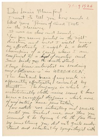 Lot #759 Frank Lloyd Wright: ?A ?poet in architecture? means something not included in the estimates of my generously inclined colleagues?when they turn critic? - Image 1