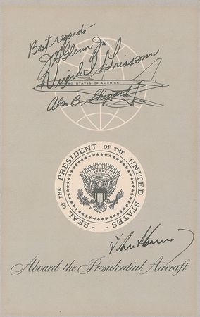 Lot #95 John F. Kennedy and Mercury Astronauts: Rare airborne autograph of President Kennedy aboard Air Force One, also signed by the first three Americans launched into space - Image 1