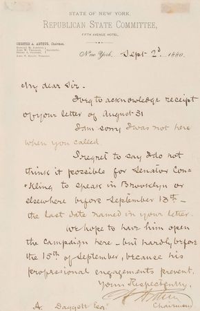 Lot #42 Chester A. Arthur: Senator Conkling is too busy preparing for the 1880 election to speak in Brooklyn - Image 1