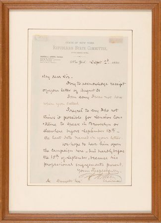 Lot #42 Chester A. Arthur: Senator Conkling is too busy preparing for the 1880 election to speak in Brooklyn - Image 2