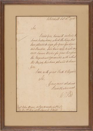 Lot #298 William Pitt: Pitt passes “secret instructions which the King has been pleased to sign” to a naval commander in the West Indies during the Seven Years’ War - Image 1