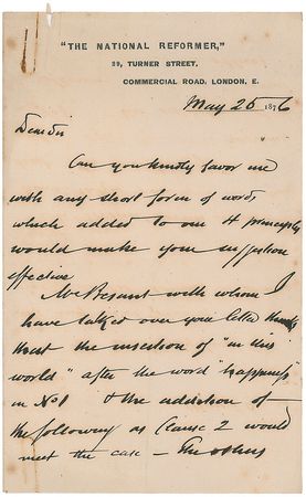 Lot #340 Charles Bradlaugh Handwritten Letter Signed - Image 1