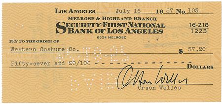 Lot #1233 Orson Welles: Boldly signed check to the Western Costume Company - Image 1