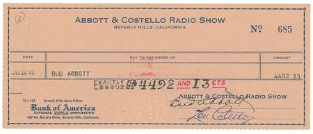 Lot #1193 Abbott and Costello: Extremely rare paycheck for Bud Abbott—signed twice by him and once by Costello - Image 1