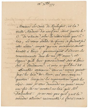 Lot #747 Voltaire: “The old sick man of Ferney” implores two friends to keep their unedited copy of ‘The Laws of Minos’ private, as it “is very incorrect and it will be necessary to redo two pages” - Image 1