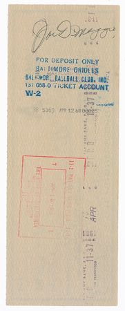 Lot #1499 Joe DiMaggio: A paycheck for the A’s first hitting instructor - Image 1