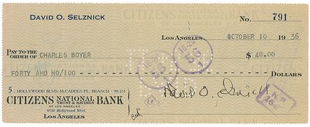 Lot #1388 David O. Selznick and Charles Boyer: The iconic producer cuts a check to Charles Boyer - Image 1