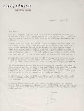 Lot #181 Kennedy Assassination: Clay Shaw: Pre-trial, Shaw psychoanalyzes Jim Garrison: “The DA continues to exhibit the classic symptoms of paranoia” - Image 1