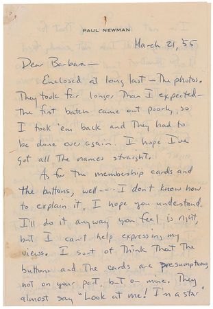 Lot #1059 Paul Newman: ?I have one basic obligation and that is to myself?to be recognized and possibly applauded only upon the merits of my performances and what I am able to create? - Image 1