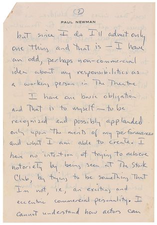 Lot #1059 Paul Newman: ?I have one basic obligation and that is to myself?to be recognized and possibly applauded only upon the merits of my performances and what I am able to create? - Image 3
