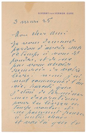 Lot #620 Claude Monet: The father of Impressionism rings in 1925 with the heavy burden of completing his Nympheas: ?I had to ask the Beaux Arts to give me more time? - Image 1
