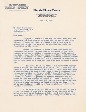 Lot #236 Robert F. Kennedy: RFK passionately defends his family against a journalist?s ?attempt to weave a pattern indicating excessive parental control of otherwise helpless sons? - Image 1