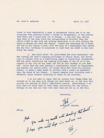 Lot #236 Robert F. Kennedy: RFK passionately defends his family against a journalist?s ?attempt to weave a pattern indicating excessive parental control of otherwise helpless sons? - Image 2