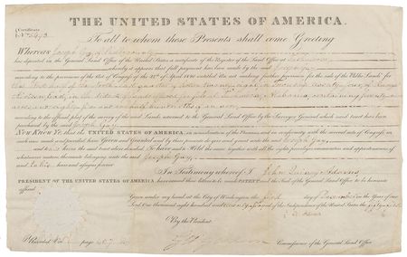 Lot #18 John Quincy Adams: Alabama land grant paid