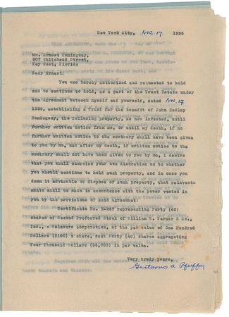 Lot #603 Ernest Hemingway: Hemingway ensures the financial security of his eldest son before departing to cover the Spanish Civil War - Image 4