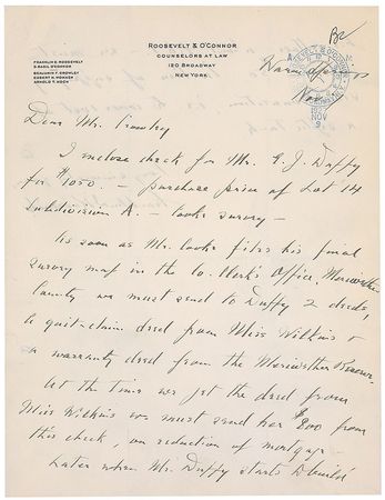 Lot #87 Franklin D. Roosevelt: Scarce handwritten letter related to the purchase of his Warm Springs property - Image 1
